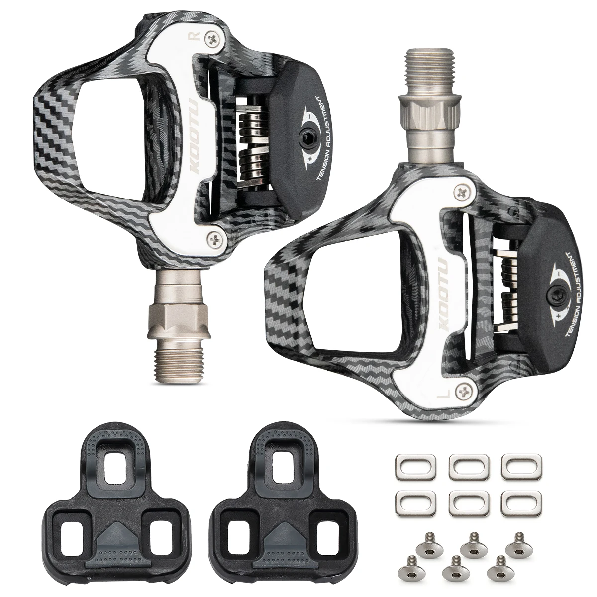 pedales con clip con patrón de fibra de carbono kootu, aluminio para bicicletas de carretera, pedales de bloqueo con sistema keo y spd, pedales sin bloqueo 2 Pedales con clip con patrón de fibra de carbono KOOTU, aluminio para bicicletas de carretera, pedales de bloqueo con sistema KEO y SPD, pedales sin bloqueo 2