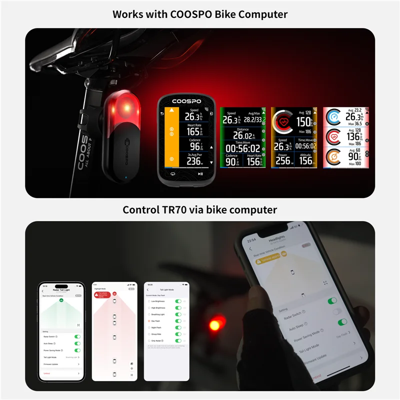 coospo tr70 luz trasera de radar luz trasera de bicicleta inteligente advertencia de freno ip67 luz trasera de ciclismo impermeable 7 modos de luz lámpara trasera 3 COOSPO TR70 luz trasera de Radar luz trasera de bicicleta inteligente advertencia de freno IP67 luz trasera de ciclismo impermeable 7 modos de luz lámpara trasera 3