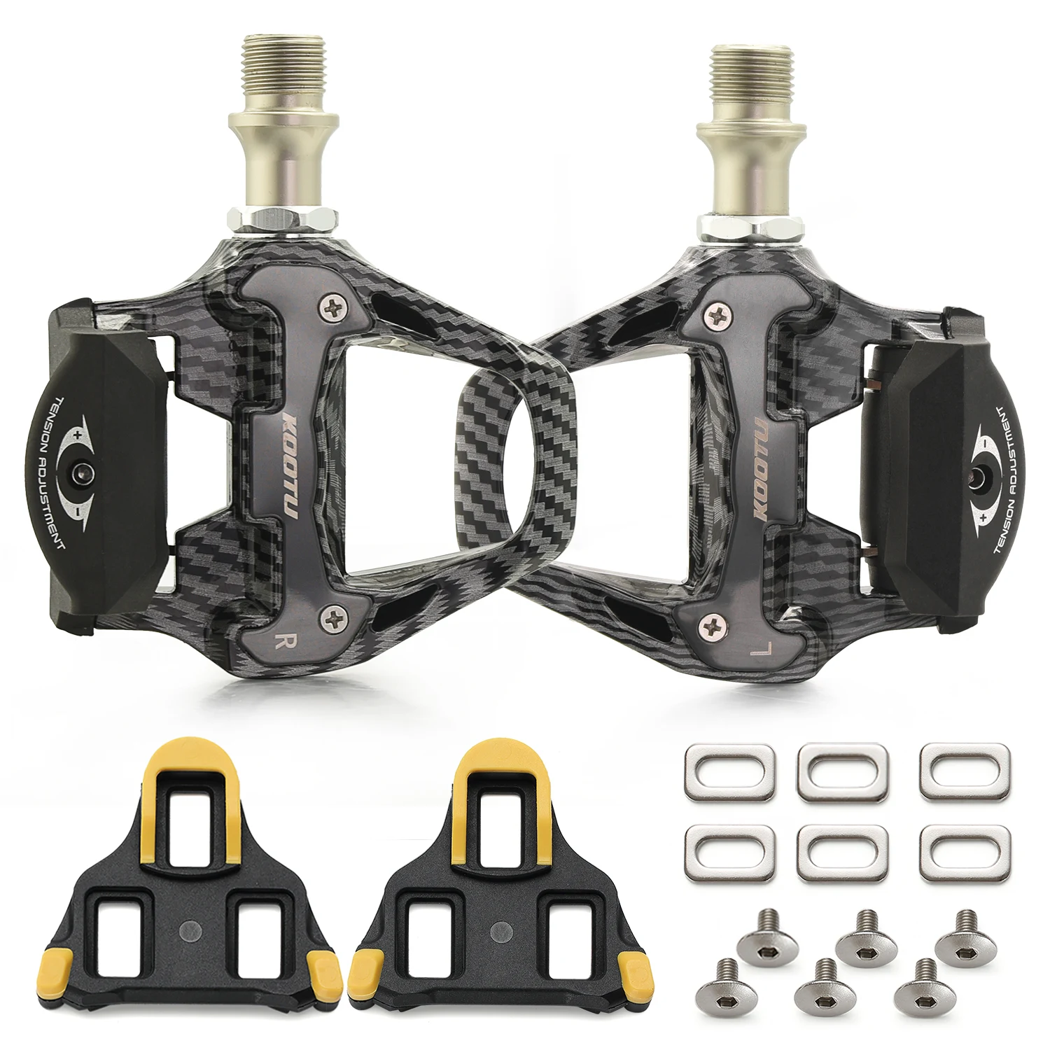 pedales con clip con patrón de fibra de carbono kootu, aluminio para bicicletas de carretera, pedales de bloqueo con sistema keo y spd, pedales sin bloqueo 1 Pedales con clip con patrón de fibra de carbono KOOTU, aluminio para bicicletas de carretera, pedales de bloqueo con sistema KEO y SPD, pedales sin bloqueo 1
